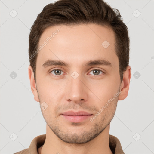 Neutral white young-adult male with short  brown hair and brown eyes