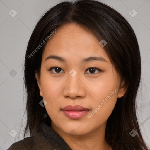 Neutral asian young-adult female with long  brown hair and brown eyes