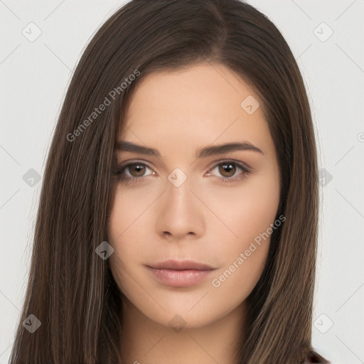 Neutral white young-adult female with long  brown hair and brown eyes