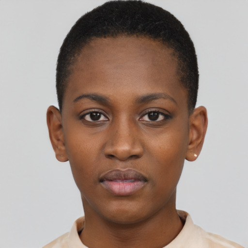 Neutral black young-adult female with short  black hair and brown eyes