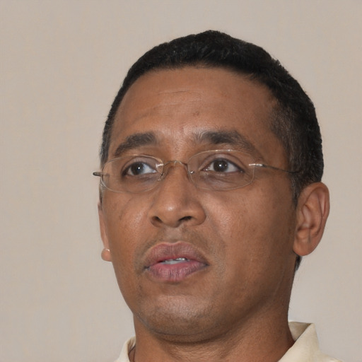 Neutral black adult male with short  black hair and brown eyes