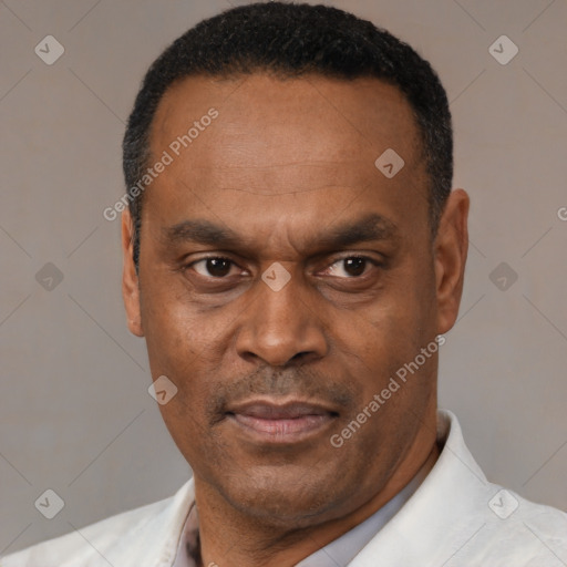 Neutral black adult male with short  black hair and brown eyes