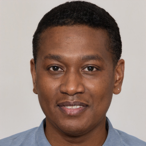 Joyful black young-adult male with short  black hair and brown eyes