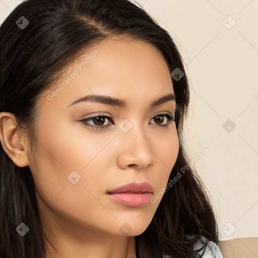 Neutral white young-adult female with long  brown hair and brown eyes