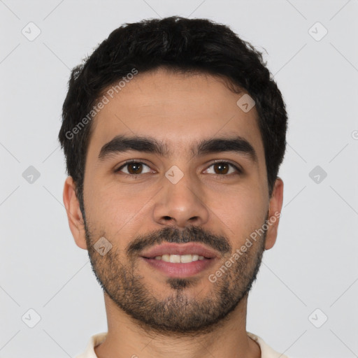 Joyful latino young-adult male with short  black hair and brown eyes