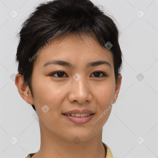 Joyful asian young-adult female with short  brown hair and brown eyes