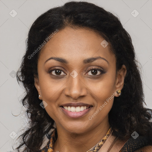 Joyful latino young-adult female with long  brown hair and brown eyes