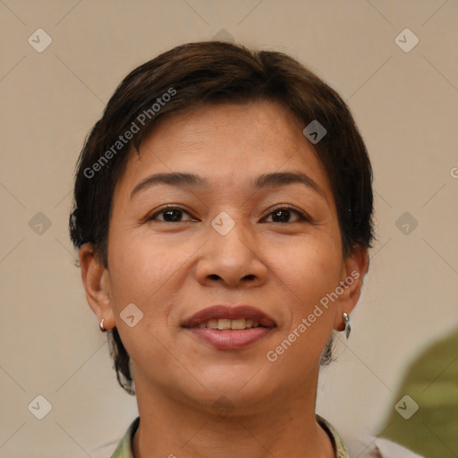 Joyful white adult female with short  brown hair and brown eyes