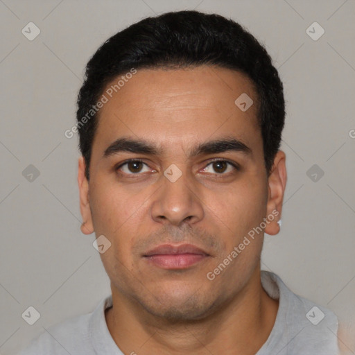 Neutral latino young-adult male with short  black hair and brown eyes