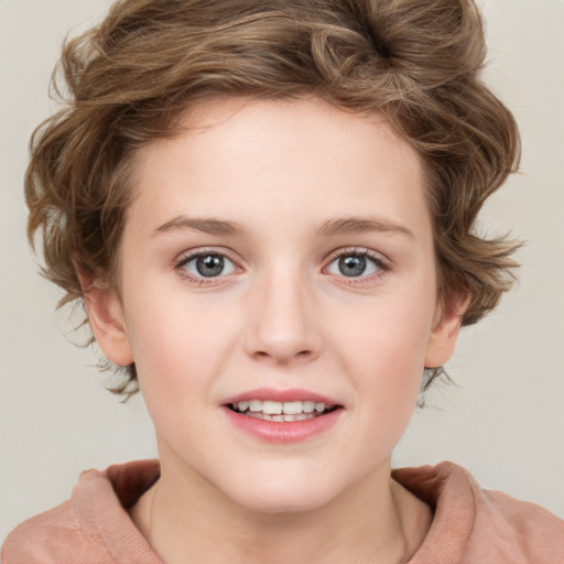 Joyful white child female with medium  brown hair and blue eyes