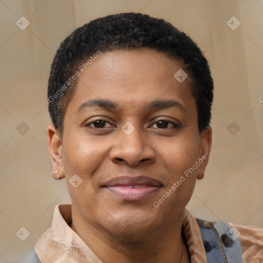 Joyful latino young-adult male with short  brown hair and brown eyes