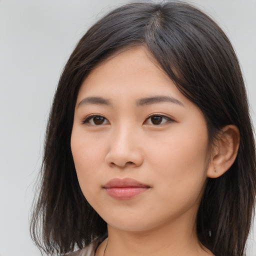 Neutral asian young-adult female with long  brown hair and brown eyes