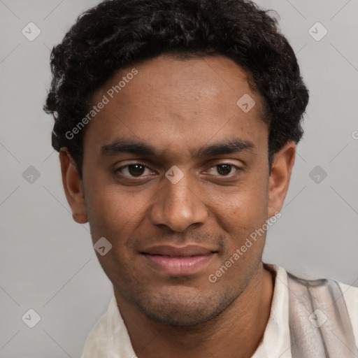 Joyful black young-adult male with short  brown hair and brown eyes