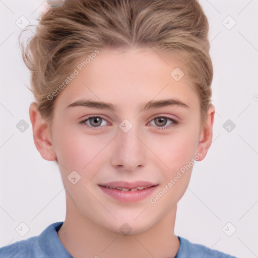 Joyful white child female with short  brown hair and grey eyes