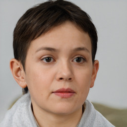 Neutral white young-adult female with short  brown hair and brown eyes