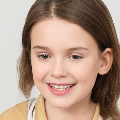 Joyful white child female with medium  brown hair and brown eyes