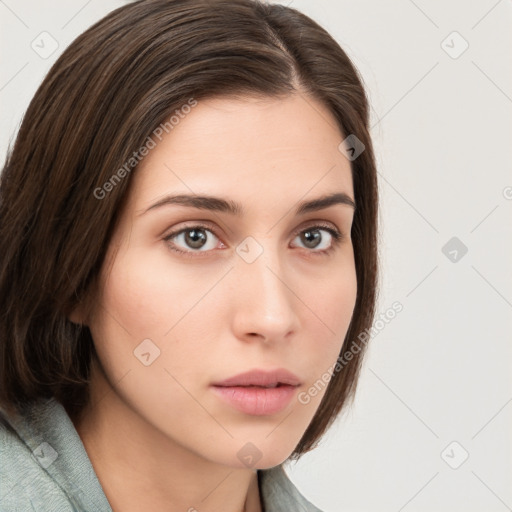 Neutral white young-adult female with medium  brown hair and brown eyes