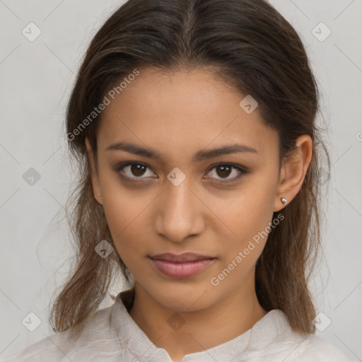 Neutral white young-adult female with medium  brown hair and brown eyes