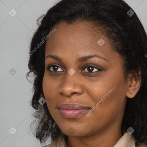 Joyful black young-adult female with medium  brown hair and brown eyes