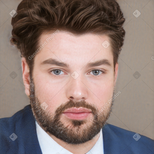 Neutral white young-adult male with short  brown hair and grey eyes