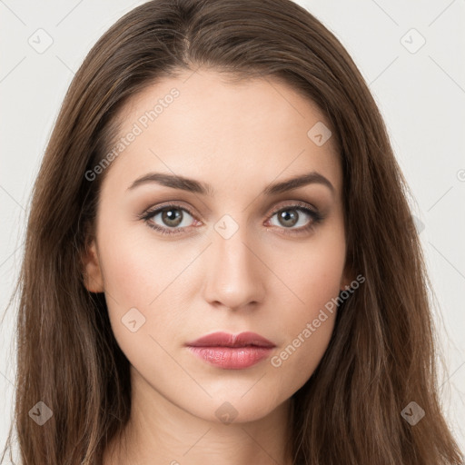 Neutral white young-adult female with long  brown hair and brown eyes