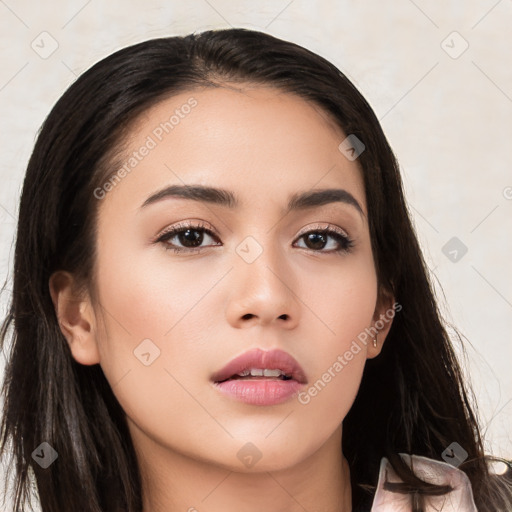 Neutral white young-adult female with long  brown hair and brown eyes