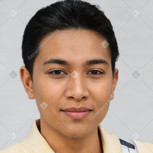 Joyful asian young-adult male with short  brown hair and brown eyes