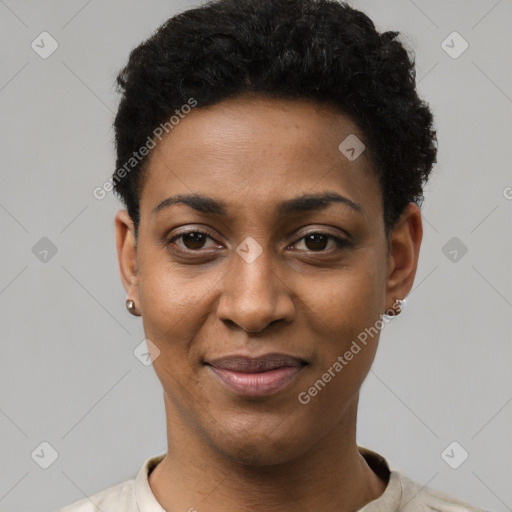 Joyful black young-adult female with short  black hair and brown eyes