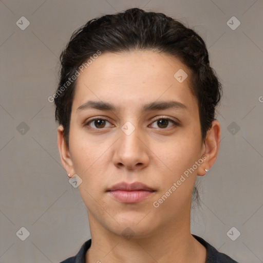 Neutral white young-adult female with short  brown hair and brown eyes