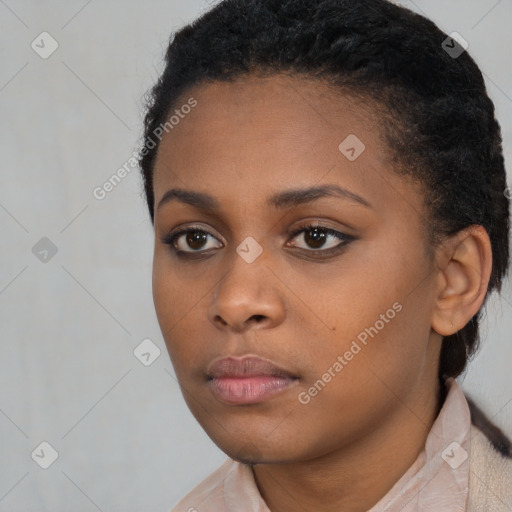 Neutral black young-adult female with short  black hair and brown eyes