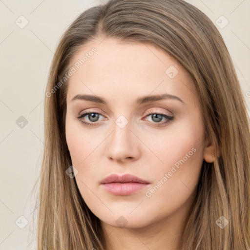 Neutral white young-adult female with long  brown hair and brown eyes