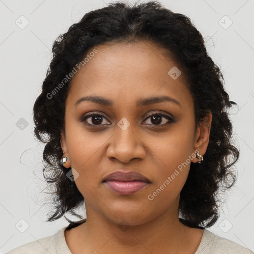 Joyful black young-adult female with medium  black hair and brown eyes