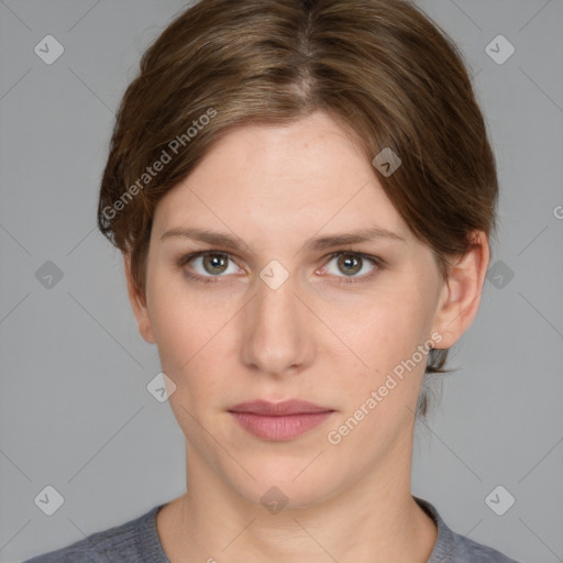 Neutral white young-adult female with medium  brown hair and grey eyes