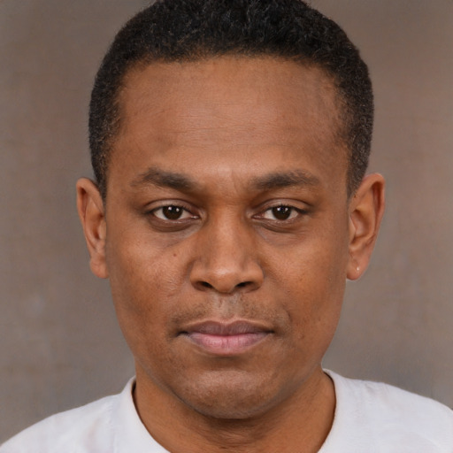 Neutral black young-adult male with short  brown hair and brown eyes