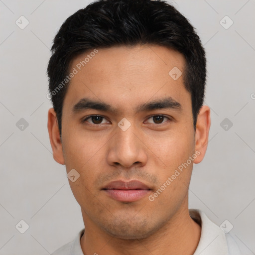 Neutral asian young-adult male with short  black hair and brown eyes