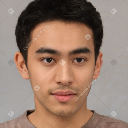 Neutral latino young-adult male with short  brown hair and brown eyes