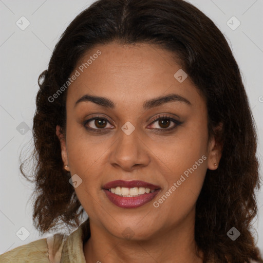 Joyful latino young-adult female with medium  brown hair and brown eyes