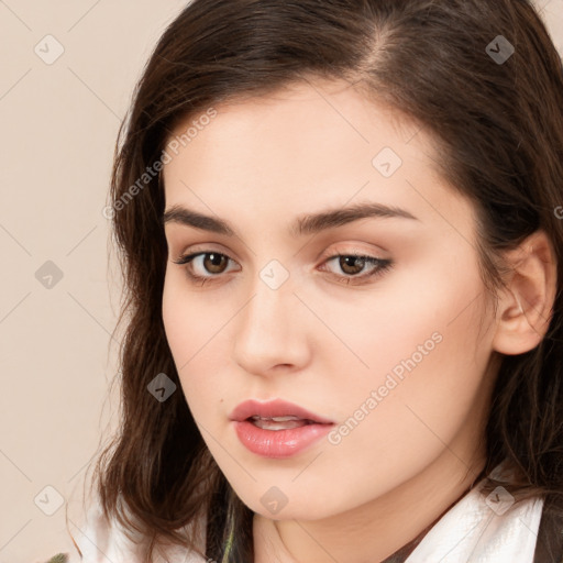 Neutral white young-adult female with medium  brown hair and brown eyes