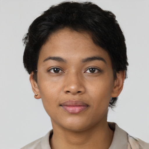 Neutral latino young-adult female with short  black hair and brown eyes