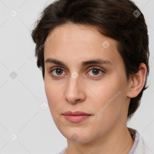 Neutral white young-adult female with short  brown hair and brown eyes