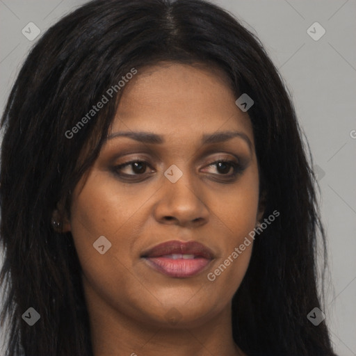 Joyful asian young-adult female with long  brown hair and brown eyes