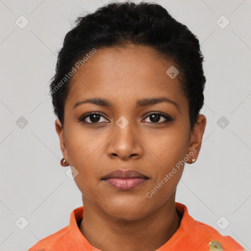 Neutral black young-adult female with short  black hair and brown eyes