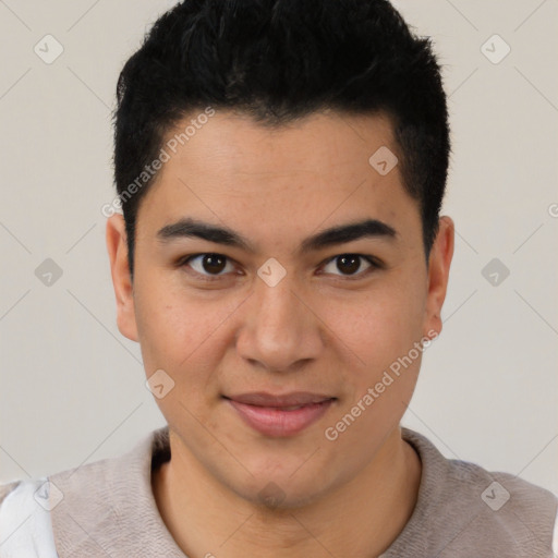 Joyful latino young-adult male with short  black hair and brown eyes