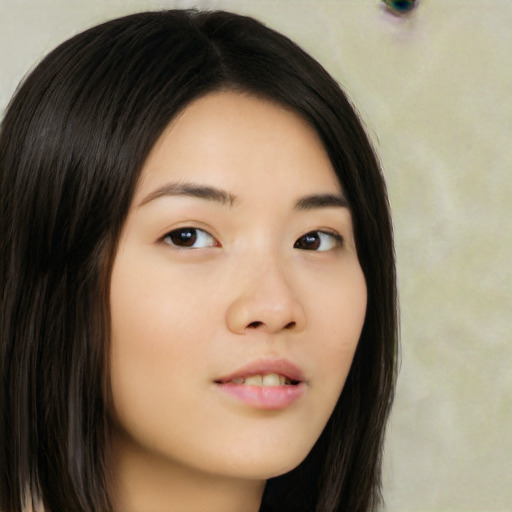 Neutral asian young-adult female with long  brown hair and brown eyes