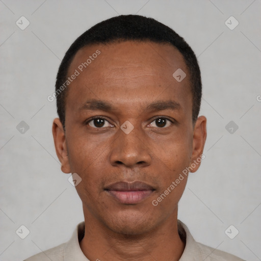 Neutral black young-adult male with short  black hair and brown eyes
