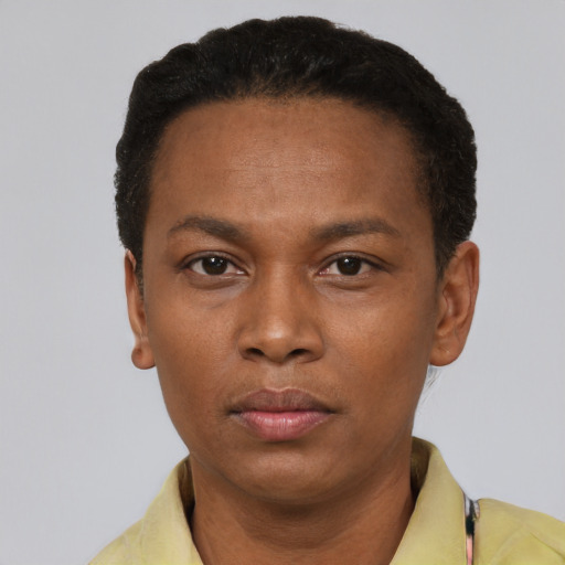 Neutral black adult male with short  black hair and brown eyes