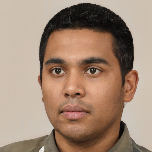 Neutral latino young-adult male with short  black hair and brown eyes