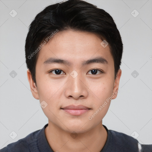 Neutral asian young-adult male with short  brown hair and brown eyes