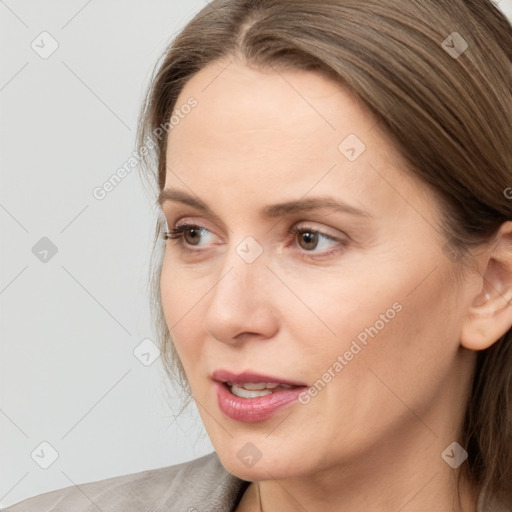 Neutral white young-adult female with medium  brown hair and brown eyes