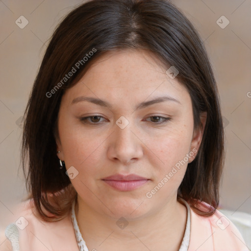 Neutral white young-adult female with medium  brown hair and brown eyes